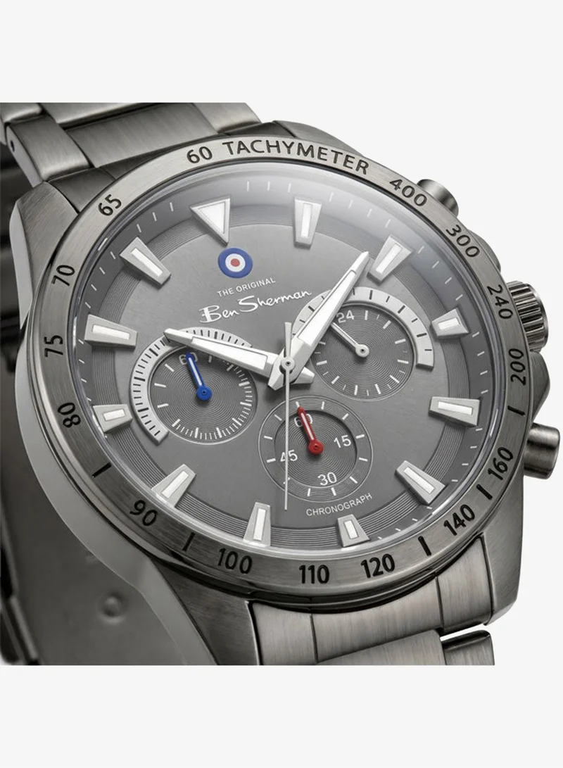 Ben Sherman Liverpool  Gunmetal Dial Gunmetal Stainless Steel Bracelet Chronograph Watch for Men, 44mm