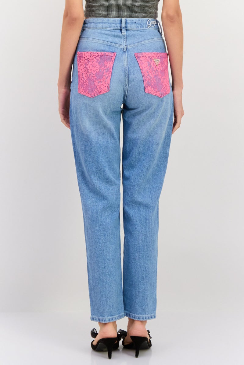 GUESS Women Mon Fit Washed Tapered Denim Jeans, Blue - Image 3