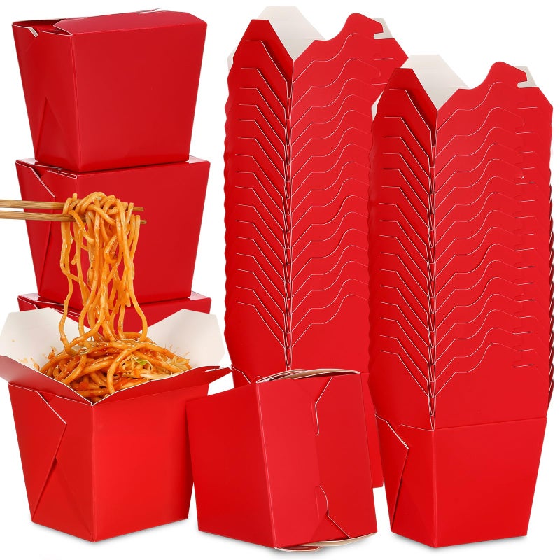 Affrolling 100 Pack 16 oz Chinese Take out Boxes Paper Take Home Boxes, Leakproof Greaseproof Food Containers Stackable Paper Food Containers for Restaurant Catering Event and Party(Red) - Image 1