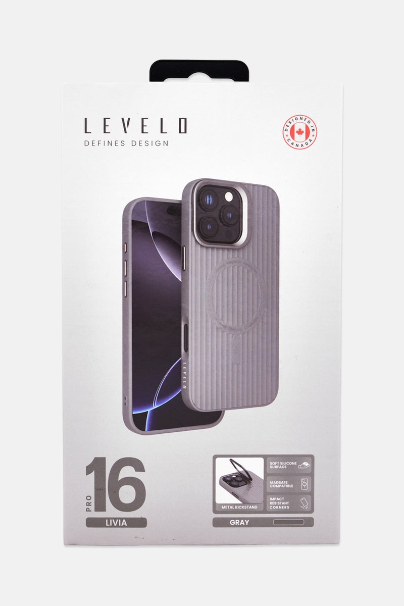 LEVELO iPhone 16 Pro Livia Silicone Protective Case With Camera Ring Stand, Grey - Image 2
