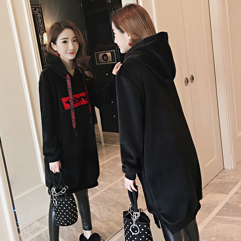Maternity Velvet Hoodie Dress Autumn Winter letter black fleece-lined thickened 