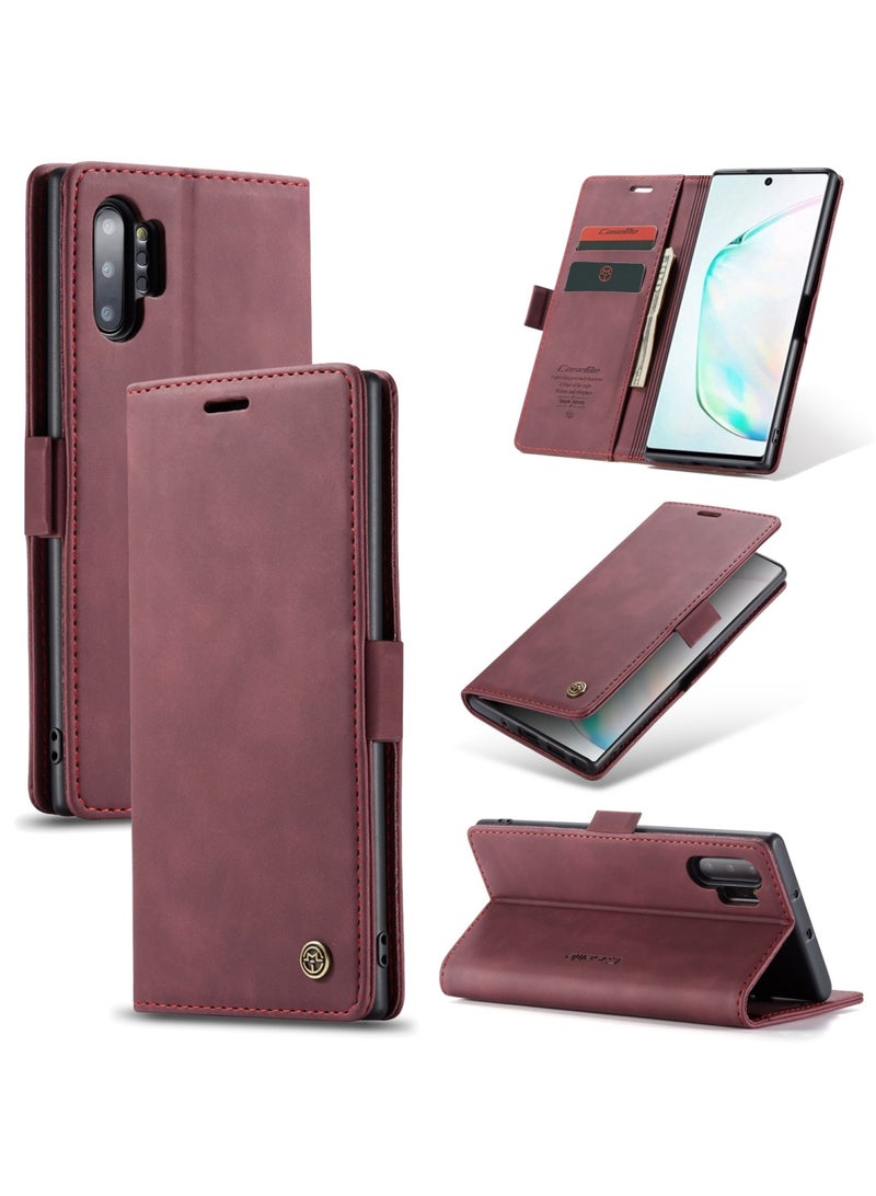 كيس مي جراب جلدي لموبايل سامسونج جلاكسي نوت 10 بلس من كيس مى جراب حماية قابل للطي مع مسند مغناطيسي وفتحات للبطاقات - عنابي - Image 1