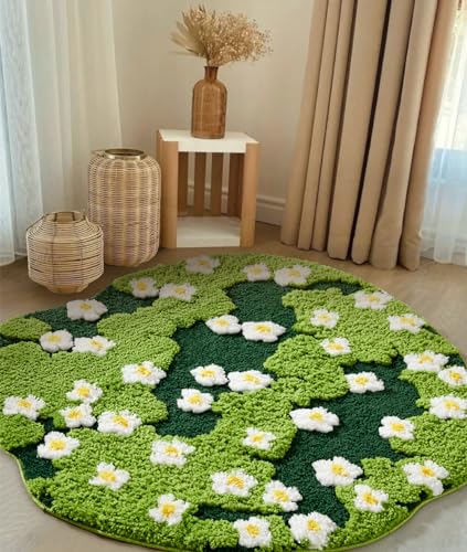 Ouyattle Cute Green Floral Large Bathroom Rugs Bath Mat 3ft Non Slip Washable, Modern Chic Boho Aesthetic Trendy Funky Microfiber Shaggy Tufted Moss Rugs for Bedroom Dorm Nursery Bathroom Kitchen - Image 1