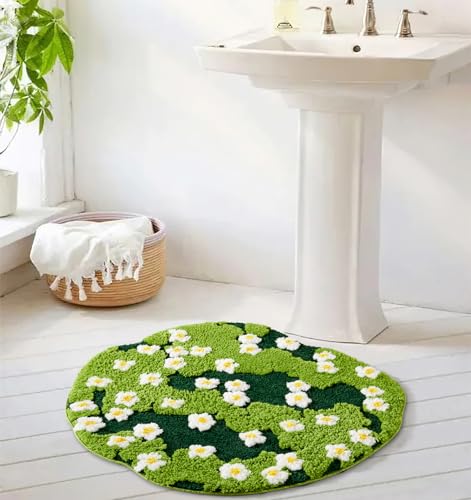Ouyattle Cute Green Floral Large Bathroom Rugs Bath Mat 3ft Non Slip Washable, Modern Chic Boho Aesthetic Trendy Funky Microfiber Shaggy Tufted Moss Rugs for Bedroom Dorm Nursery Bathroom Kitchen - Image 2