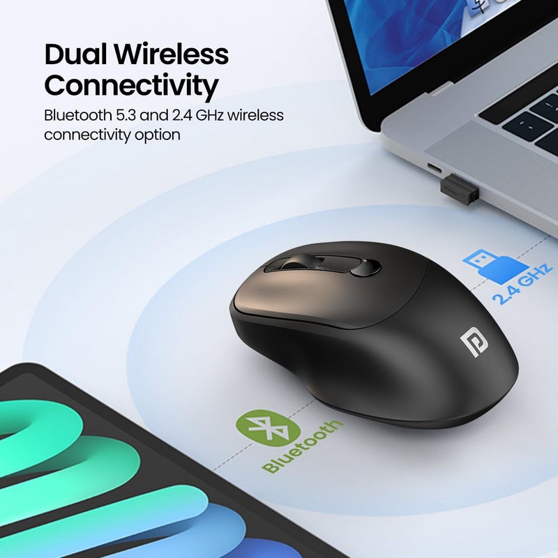 Portronics فأرة تواد 7 اللاسلكية، بلوتوث 5.3V و 2.4 GHz لاسلكية، حساسية قابلة للتعديل تصل إلى 3200 DPI، بطارية مدمجة قابلة لإعادة الشحن (أسود) - Image 2