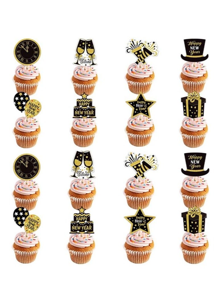 24 Pack Black Gold 2025 Happy New Year Cupcake Toppers 8 Types Muffin Cake Toppers for New Years Eva Party Favor Supplies