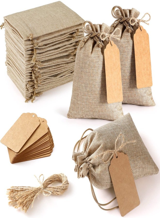 WenTao 25Set Reusable Burlap Gift Bags with Drawstring, 4x6" Small Party Favor Gift Bags + Bonus Gift Tags & String, Brown Linen Sacks Bag for Wedding Party Favor, Jewelry Pouches, Christmas, Festival, Kids Birthday, Coffee, DIY Craft Sachet Bulk Bags - Image 1