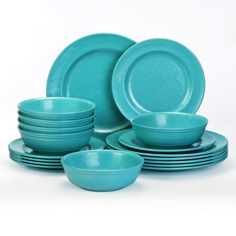 TP 18Piece Dinnerware Set Melamine Dishes Set with Bowls and Plates Service for 6 Nonbreakable Lightweight Dining Tableware Teal
