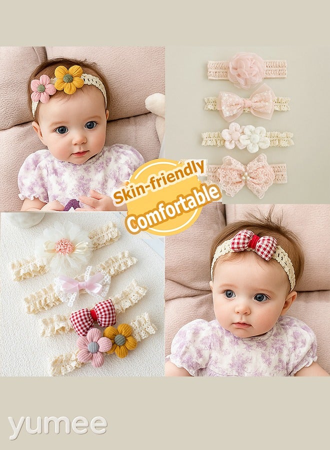 yumee 8-Piece Baby Girls Headband Stretchy - Soft Headband with Flower and Bow Tie,  Cute Princess Hairband, Hair Accessories - Image 1