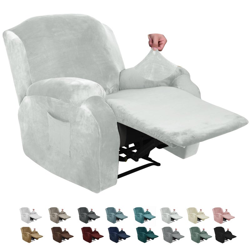 MAXIJIN Velvet 4 Piece Recliner Cover Stretch Plush Soft Recliner Chair Covers Thick Soft Reclining Chair Slipcovers Furniture Protector with Side Pocket for Kids Pets Silver Grey