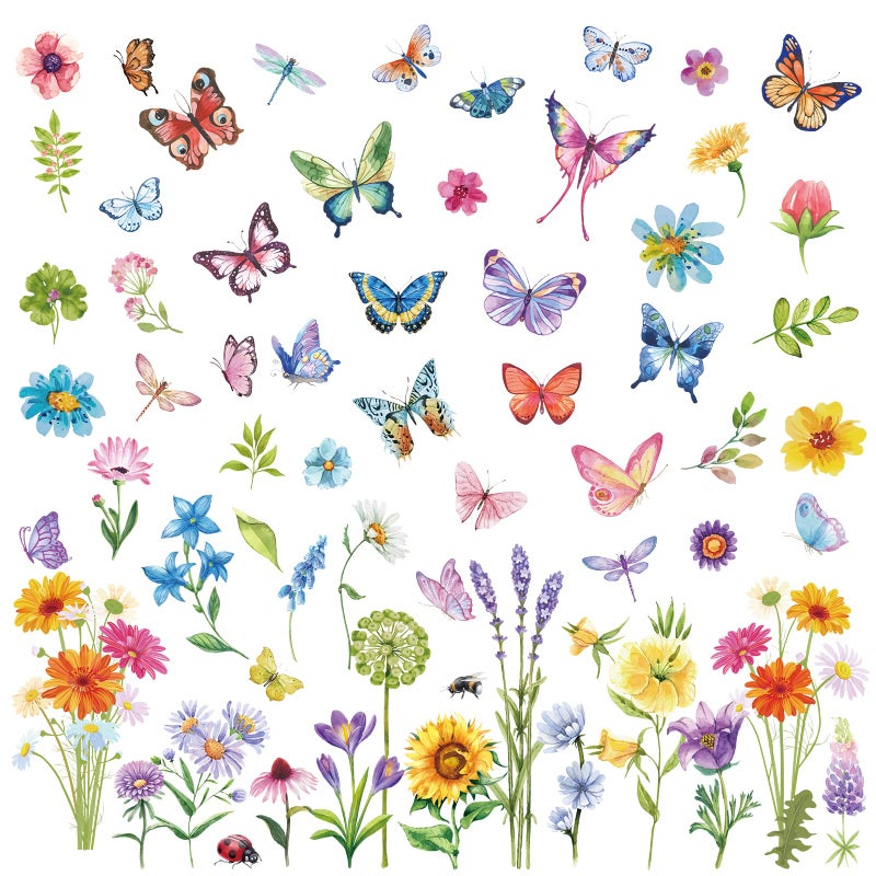 Whaline 67Pcs Back to School Watercolor Flower CutOuts Colorful Bulletin Border Decor Assorted Design Butterfly Floral Paper Cutting with 100Pcs Glue Points for School Classroom DIY Craft Projects