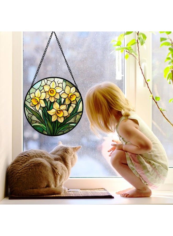 DASTOLL Stained Glass Window Hanging, Daffodil Plant Flowers Sun Catchers Diamond Glass Panel Hangings Suncatcher Decor for Birthday for Women, Men, Wife, Aunt, and Mom 7.8 in - Image 2