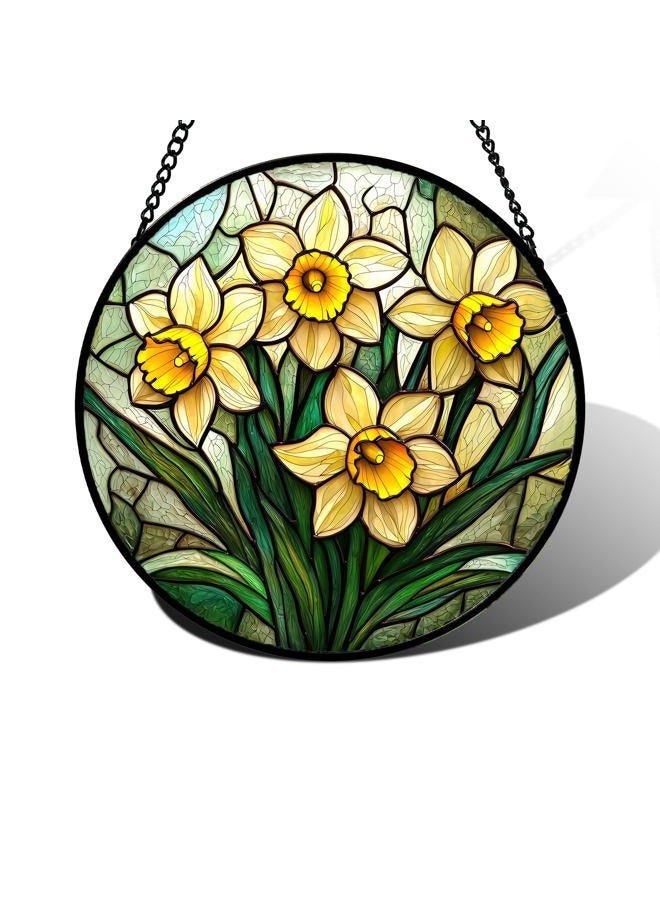 DASTOLL Stained Glass Window Hanging, Daffodil Plant Flowers Sun Catchers Diamond Glass Panel Hangings Suncatcher Decor for Birthday for Women, Men, Wife, Aunt, and Mom 7.8 in - Image 1