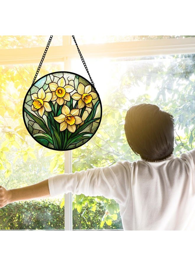 DASTOLL Stained Glass Window Hanging, Daffodil Plant Flowers Sun Catchers Diamond Glass Panel Hangings Suncatcher Decor for Birthday for Women, Men, Wife, Aunt, and Mom 7.8 in - Image 3