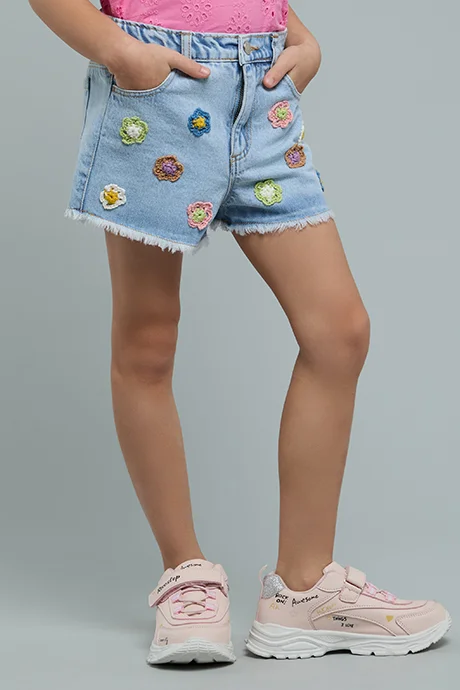 أر أند بي Embroidered Denim Shorts with Button Closure