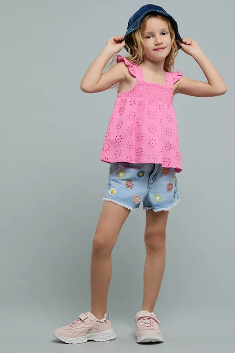 أر أند بي Embroidered Denim Shorts with Button Closure