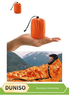 DUNISO Emergency sleeping bag, PE portable outdoor single life rescue sleeping bag, with drawstring bag, waterproof and warm, suitable for camping, traveling and hiking, 91 * 213cm, orange  - Image 1
