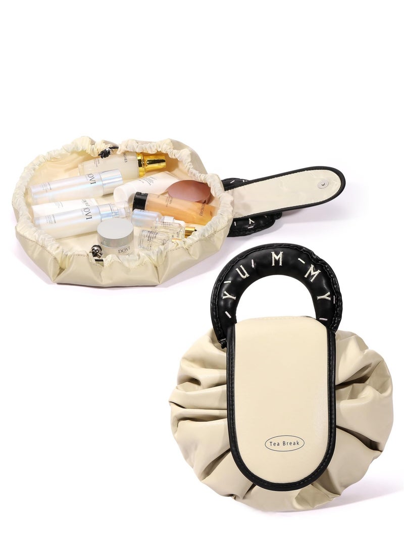 Excefore Lazy Drawstring Makeup Bags, Large Capacity Waterproof Travel Portable Cosmetic Bag, One-Step Toiletry Organizer, Beauty Makeup Storage Bag for Eyeshadow, Lipstick, Skin Care (1Pcs, Apricot) - Image 1