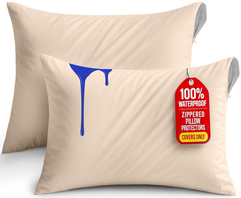 Utopia Bedding Waterproof Pillow Protectors Zippered 2 Pack Beige Standard Size Zippered Pillowcases Bed Bug Proof Pillow Encasement Covers 20 x 26 Inches