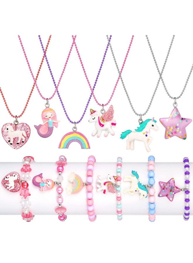 Bonuci 12 Pcs little Girls Jewelry Kids Necklaces and Bracelets Set Kids Jewelry for Girls Christmas Gift Cute Charm Toddler Bracelets for Pretend Play Dress Up Party Favors(Stylish Style) - Image 1