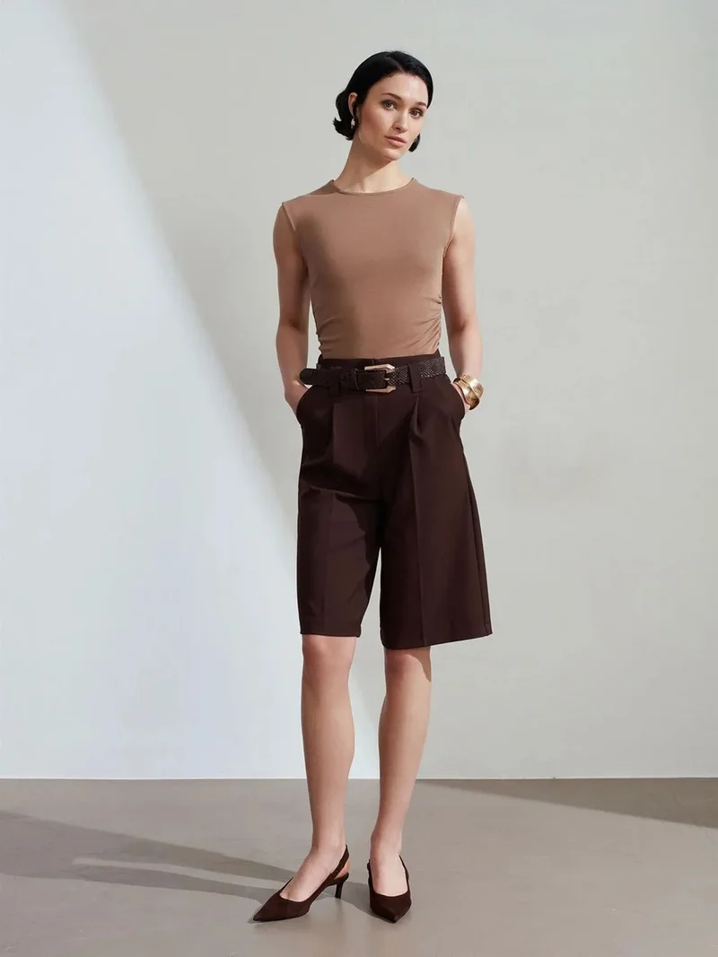 ديلفين Dilvin High-Waist Belted Wide-Leg Tailored Shorts