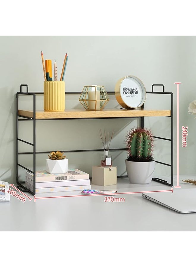 Double Layer Desktop Shelves Wood Desktop Organizer Shelf, Home Office Dormitory Desk Bookshelf Organizer Adjustable Desktop Display Shelf Rack (Beige) - Image 2