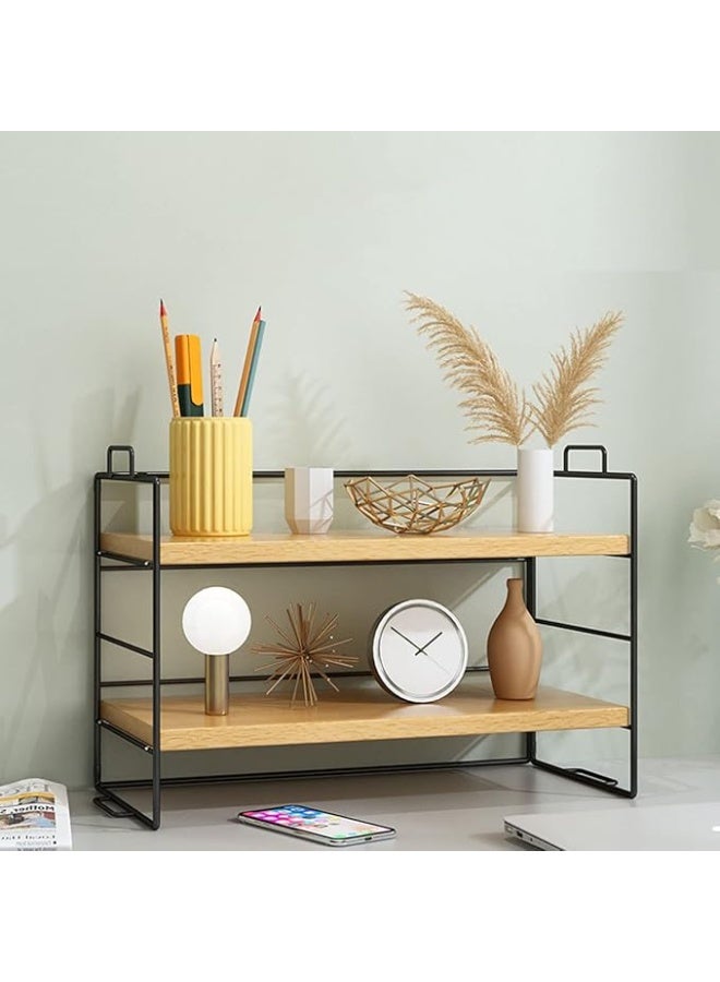 Double Layer Desktop Shelves Wood Desktop Organizer Shelf, Home Office Dormitory Desk Bookshelf Organizer Adjustable Desktop Display Shelf Rack (Beige) - Image 3
