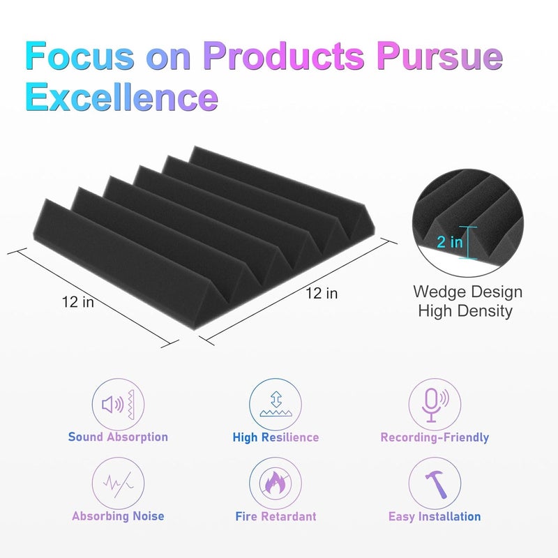 Jber 6 Pack Acoustic Foam Wedge, 2" X 12" X 12" Studio Soundproofing Panels Fire Resistant Sound Proof Padding Acoustic Treatment Foam (6 Square Feet, Charcoal)ââ‚¬¦ - Image 2