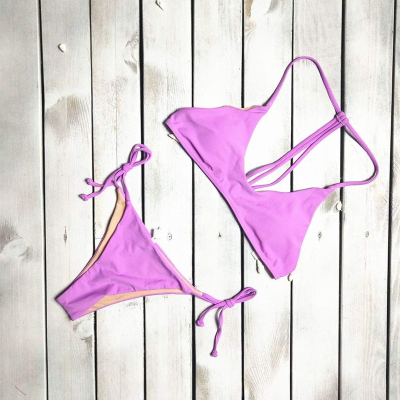 woobles Lotus.Flower Women Two-Piece Solid Bikini Set Push-Up Bra Beach Swimwear Beachwear Swimsuit (S, Pink) - Image 4