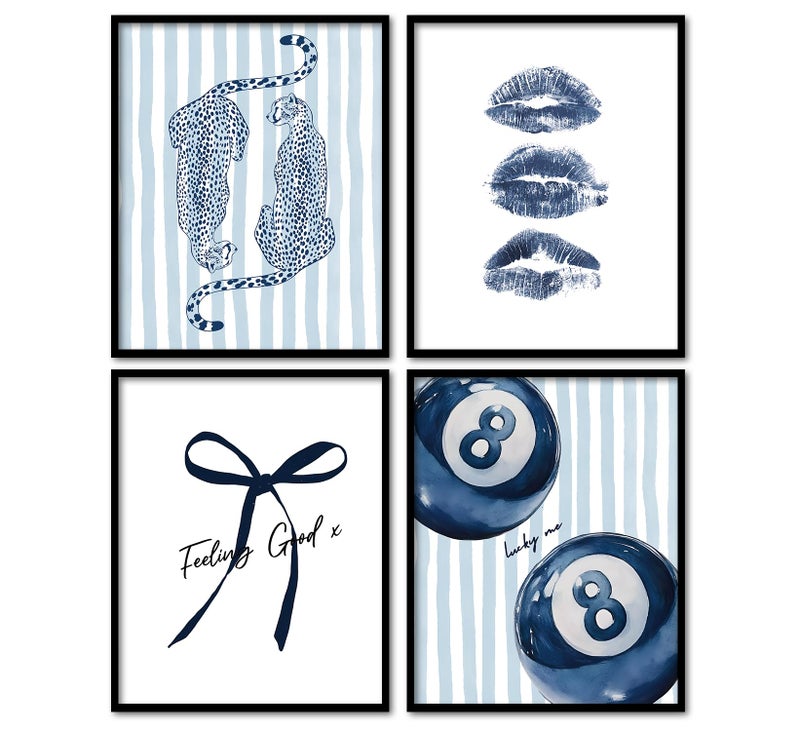 KDHTY Navy Blue Room Wall Decor,Navy Wall Art,Blue Posters for Room Aesthetic,Coquette Preppy Wall Decor Dorm,Leopard Coquette Bow Wall Art Posters for Girls Room Dorm Bedroom,8x10 Unframed Set of 4 - Image 1