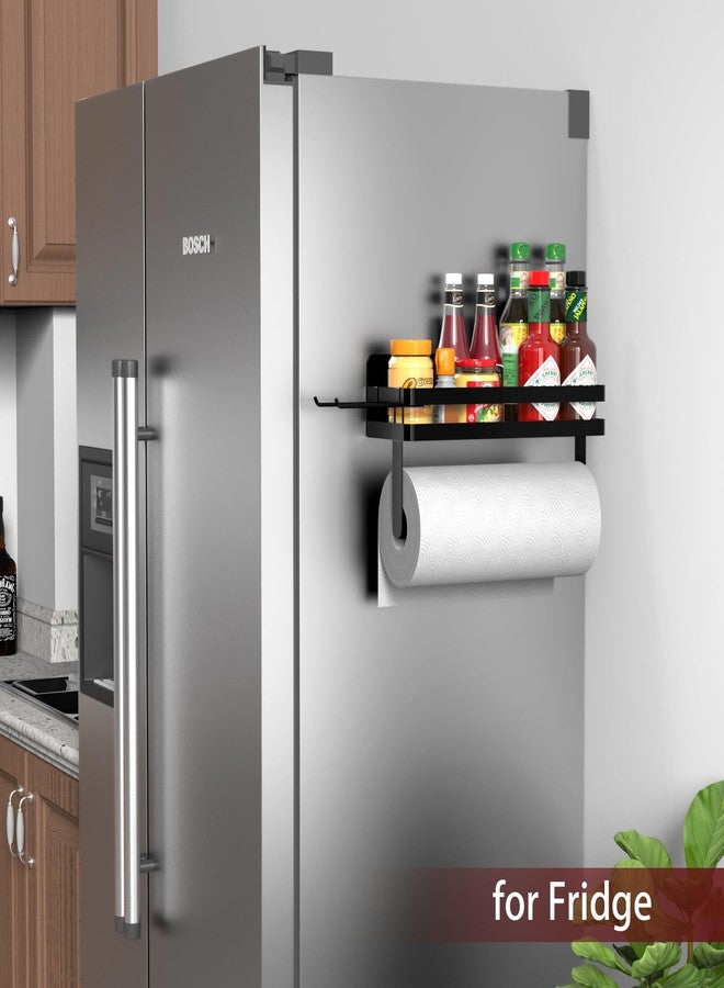 ZUNTO Magnetic Paper Towel Holder for Fridge, Black Kitchen Organizer with Towel Roll Holder, Spice Shelf and 2 Hanging Racks(No Drilling) - Image 3