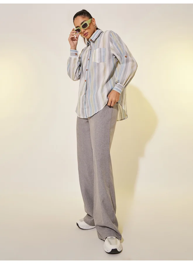 Take Two Take Two Striped Long Sleeve Regular Fit Shirt with Pocket Detail