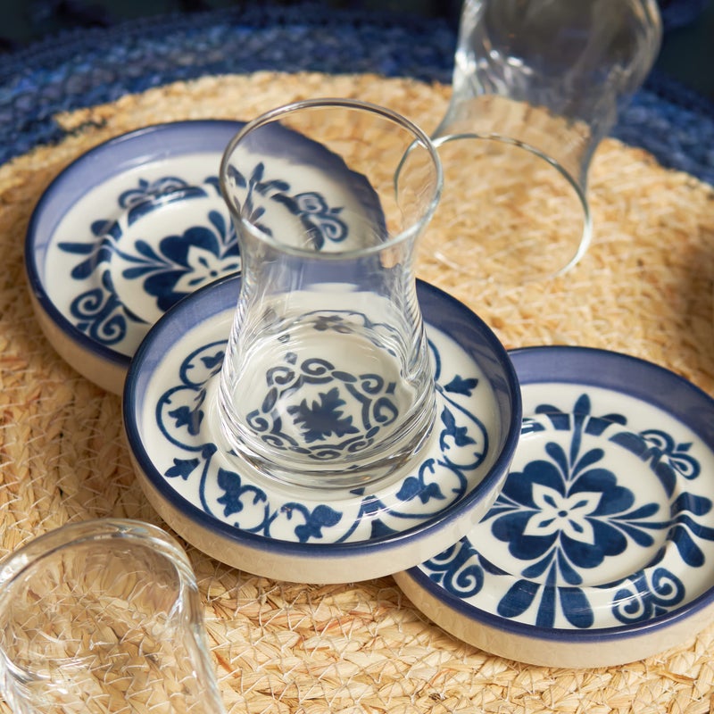 KARACA Zeher Blue Tea Service Set for 6 Person, Tea Glasses Set, 12 Pieces, Turkish Tea, Tea Glasses with Stoneware Saucers - Image 1