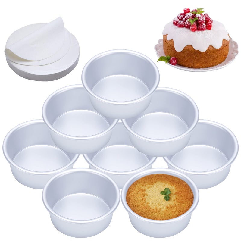 AWTBDP 4 Inch Cake Pan Set of 8 Anodized Aluminum Round Cake Pans with 100 Pcs Parchment Paper Tins Baking Pan for Cheese Cake Pizza Quiche Non Toxic Leakproof Easy Pop Out