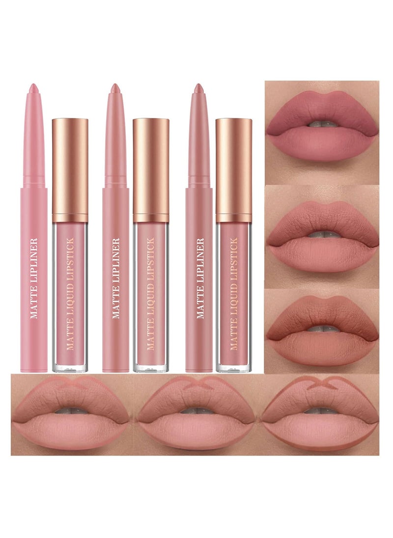 Bestland BestLand 6Pcs Matte Liquid Lipstick and Lip Liner Set NonStick Cup Not Fade Waterproof 24 Hour Lip Gloss Nude Brown Lip Liner Pencil for Women labiales mate 24 horas originales Set E 