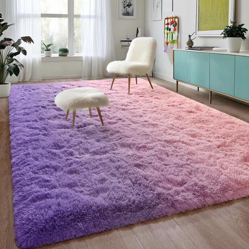 DweIke Luxury Fluffy Kids Rugs for Living Room Bedroom, 4x6 Feet Shaggy Pink and Purple Area Rug for Girls Boys, Upgrade Plush Non-Slip and Washable Colorful Fuzzy Carpet for Dorm Nursery Decor - Image 2
