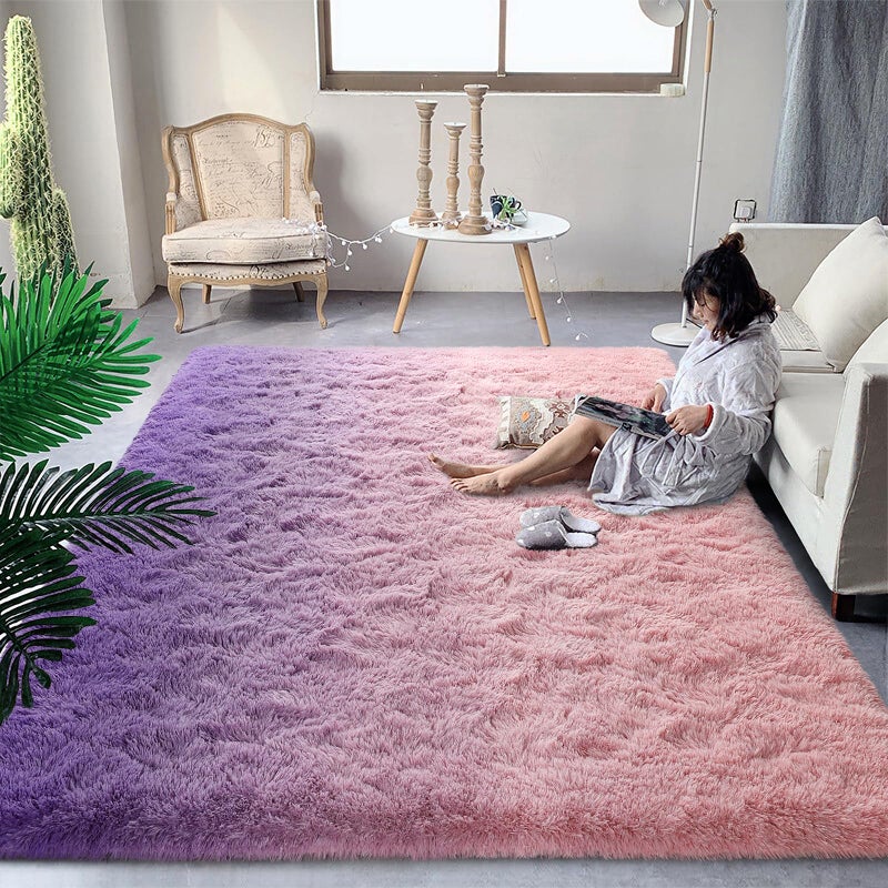 DweIke Luxury Fluffy Kids Rugs for Living Room Bedroom, 4x6 Feet Shaggy Pink and Purple Area Rug for Girls Boys, Upgrade Plush Non-Slip and Washable Colorful Fuzzy Carpet for Dorm Nursery Decor - Image 1