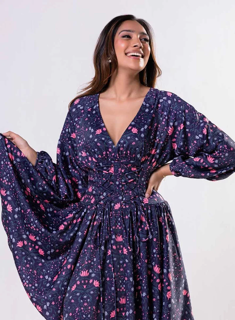 Zigzag  Front Tie Satin Printed Blue Dress for Women | Best Price UAE