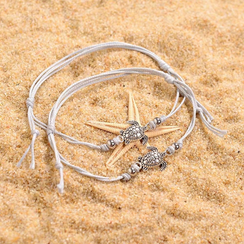 SUNSH 2Pcs Sea Turtle Anklets Bracelets for Teen Girls Kids Couple Women BFF Adjustable Friendship Wish Card Handmade Rope Anklet Jewelry Gifts - Image 4