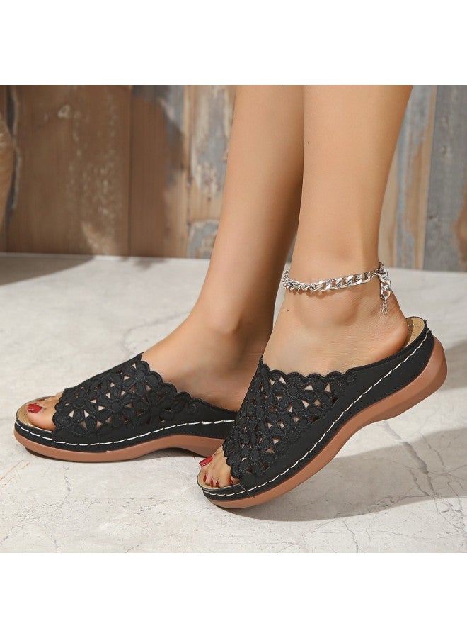 Women's Shoes Large Size Fashion Low-heeled Sandals For Women  Summer New European And American Style Hollow Flower One-strap Sandals