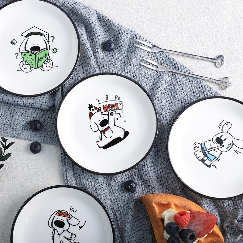 SOCOSY Cute Cartoon Cool Dog Pattern Ceramic Seasoning Dishes Sauce Dish Sushi Dipping Bowl Appetizer Plates Tea Bag Holder Serving Dish for Kitchen 5 Inch Set of 4  - Image 3