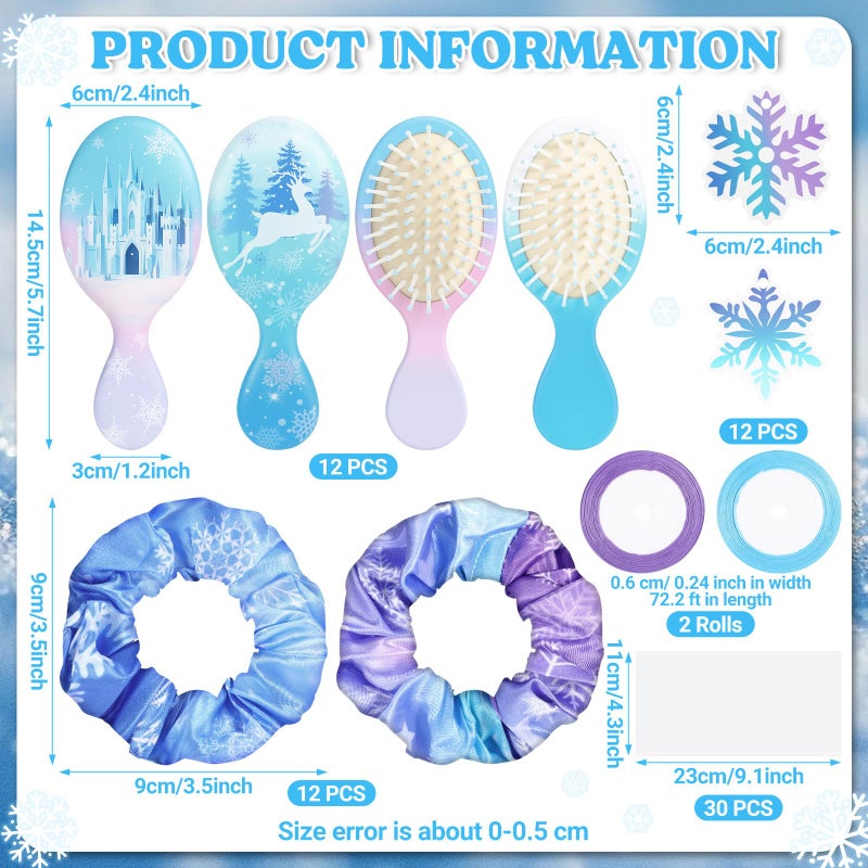 Vesici 12 Set Snowflake Castle Gifts Winter Iced Snowflake Party Favors Castle Hairbrush Scrunchies Card Winter Hair Accessories Gift Set for Birthday Rewards Party Favor (Snow) - Image 3