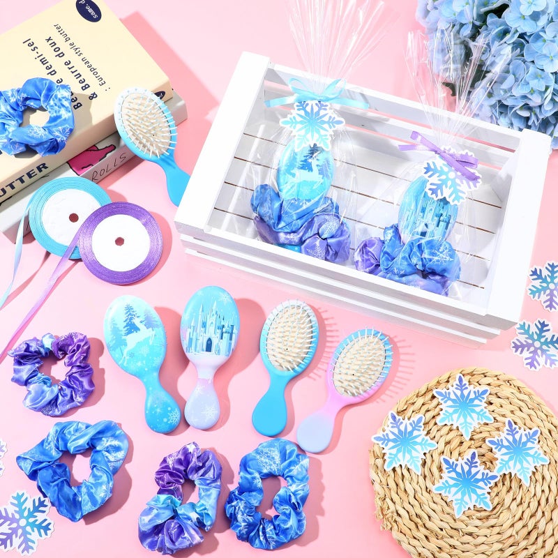 Vesici 12 Set Snowflake Castle Gifts Winter Iced Snowflake Party Favors Castle Hairbrush Scrunchies Card Winter Hair Accessories Gift Set for Birthday Rewards Party Favor (Snow) - Image 4