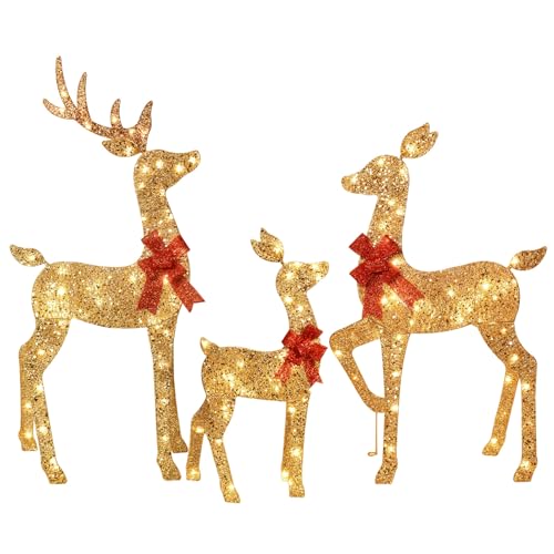 HOYECHI 3-Piece 2D Lighted Christmas Deer Family Set - HOYECHI Large Outdoor Yard Reindeer Holiday Decoration with 145 LED Lights, Stakes, Zip Ties - Gold - Image 1