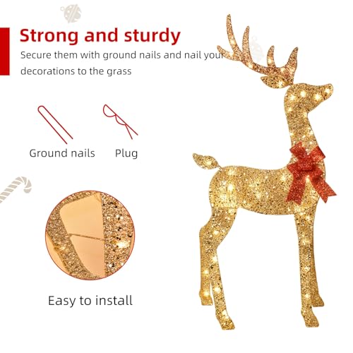 HOYECHI 3-Piece 2D Lighted Christmas Deer Family Set - HOYECHI Large Outdoor Yard Reindeer Holiday Decoration with 145 LED Lights, Stakes, Zip Ties - Gold - Image 5