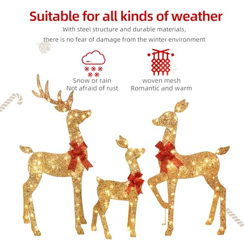 HOYECHI 3-Piece 2D Lighted Christmas Deer Family Set - HOYECHI Large Outdoor Yard Reindeer Holiday Decoration with 145 LED Lights, Stakes, Zip Ties - Gold - Image 3