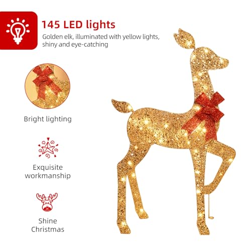 HOYECHI 3-Piece 2D Lighted Christmas Deer Family Set - HOYECHI Large Outdoor Yard Reindeer Holiday Decoration with 145 LED Lights, Stakes, Zip Ties - Gold - Image 4