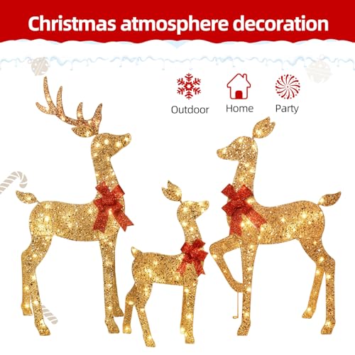 HOYECHI 3-Piece 2D Lighted Christmas Deer Family Set - HOYECHI Large Outdoor Yard Reindeer Holiday Decoration with 145 LED Lights, Stakes, Zip Ties - Gold - Image 2