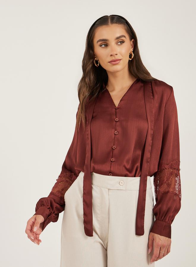 Styli Lace Insert Tie-Up Neck Buttoned Blouse - Image 1