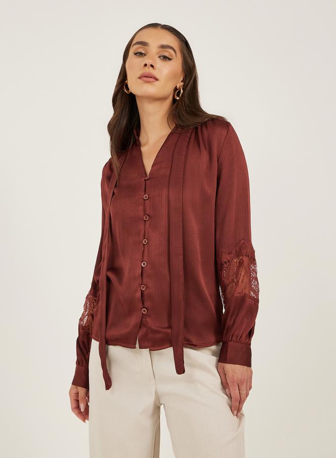Styli Lace Insert Tie-Up Neck Buttoned Blouse - Image 2